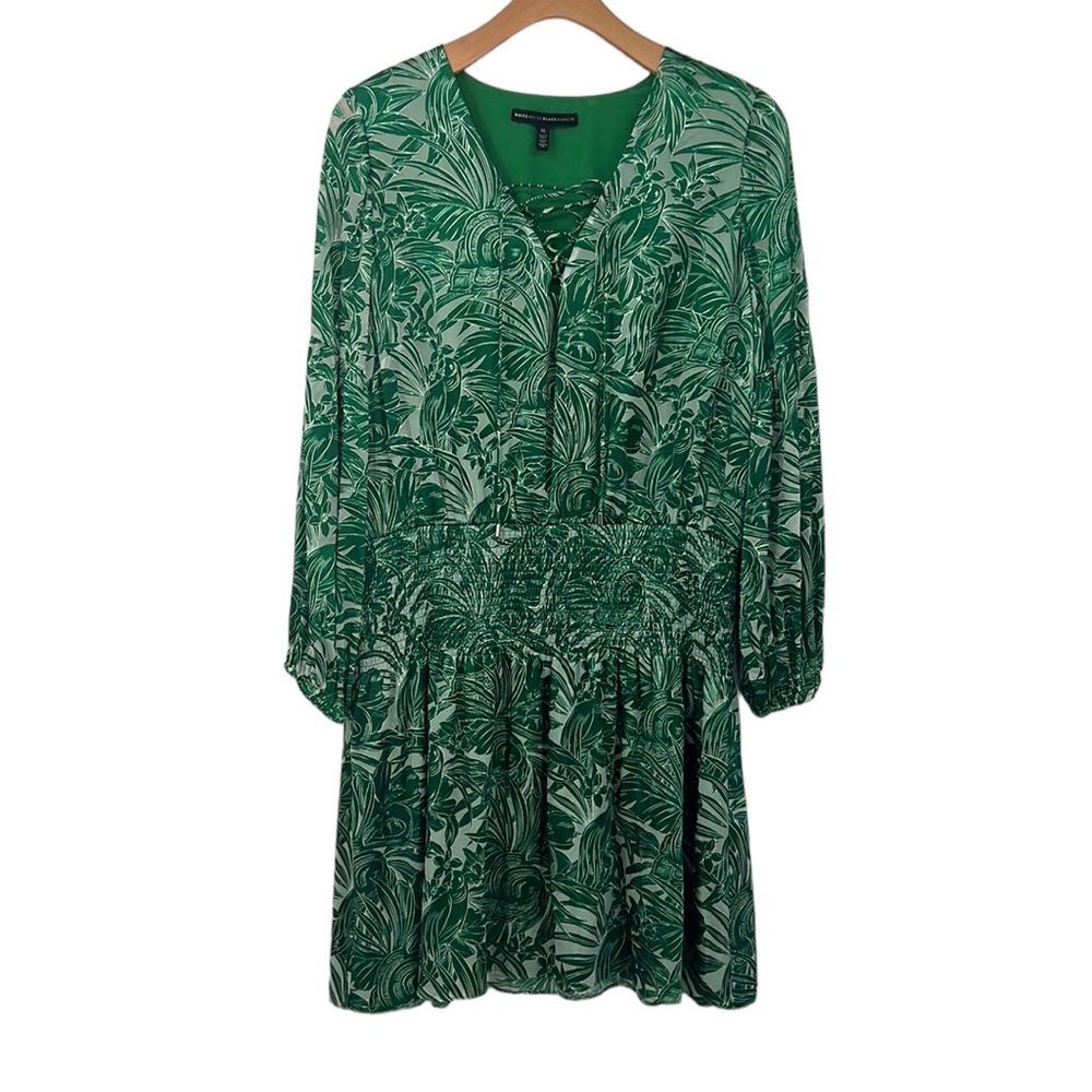 White House Black Market Dress Womens XL Green Tropical Smocked Burnout Parrot